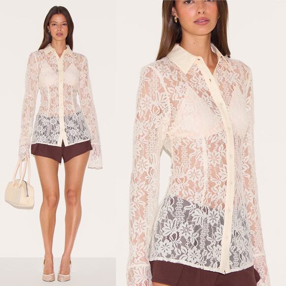 NWT Pretty Little Thing Cream Lace Fitted Bell Sleeve Button Down Shirt Blouse 8 - Picture 13 of 13